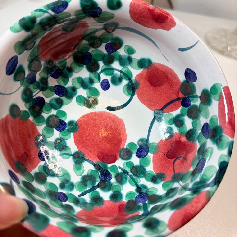 Studio Pottery Signed Hand Painted Floral Berry Ceramic Bowl Terracotta 5" - Picture 5 of 8